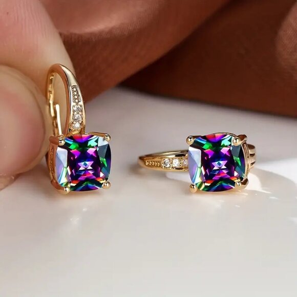 Vibrant Mystic Rose Gold Square Rainbow Color Zircon Earrings - Picture 2 of 5